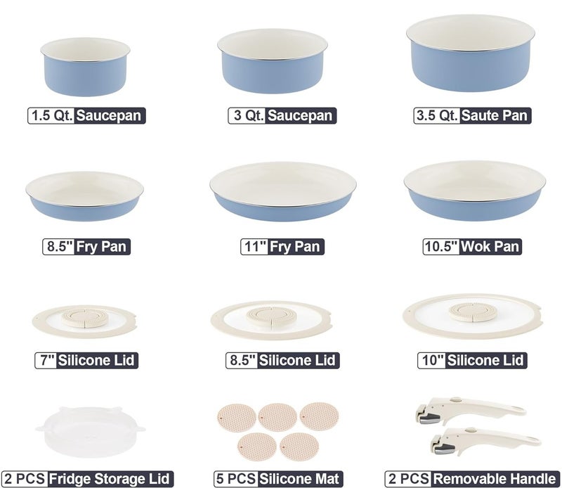 Caannasweis 18PCS Pots and Pans Set Nonstick -Kitchen Cookware Sets Detachable Handle Pot and Pan Set Removable Handle Camping Cooking Set,Compatible with Gas And Electric Stoves ，OvenSafe，Washdisher Safe Non Toxic Frying Pans for Cooking Pan Set，Blue - Image 2